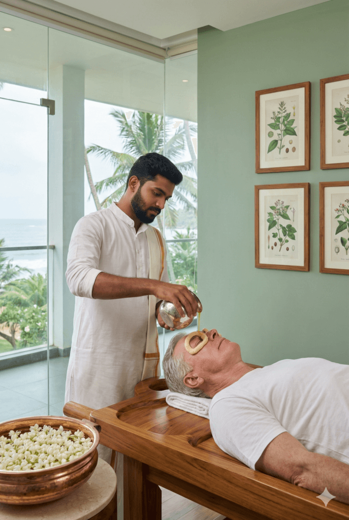 Shirodhara relaxing oil-stream therapy for stress at Sharmayu Clinic Borivali